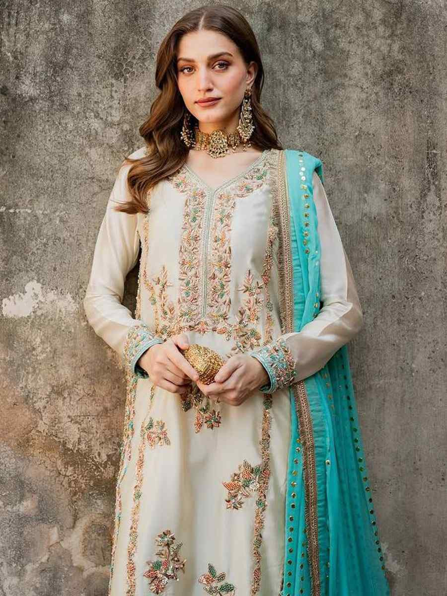 Off-White Pure Gmy Silk Embroidery Party Wedding Festival Casual Ready Pant Salwar Kameez