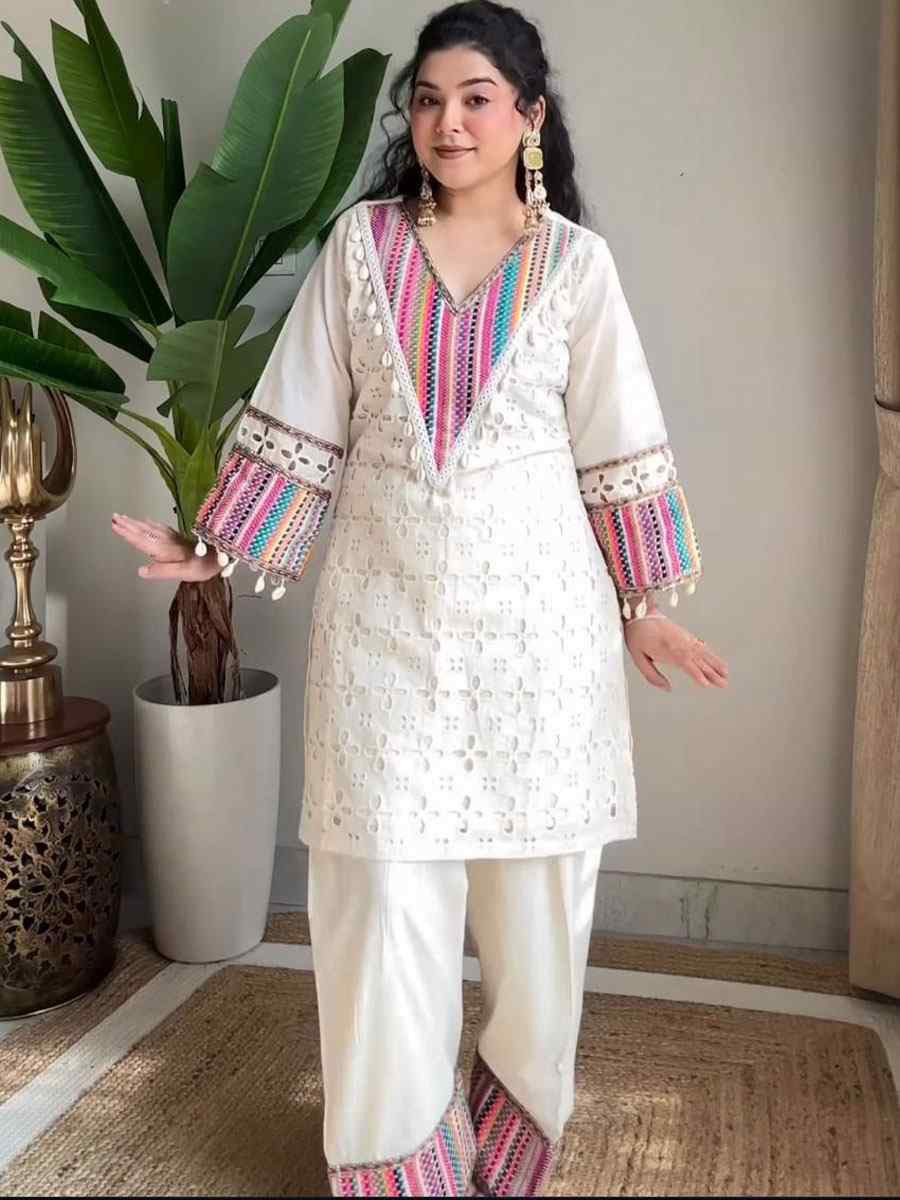 Off-White Pure Khadi Cotton Embroidered Festival Casual Kurti Bottom Women Wear