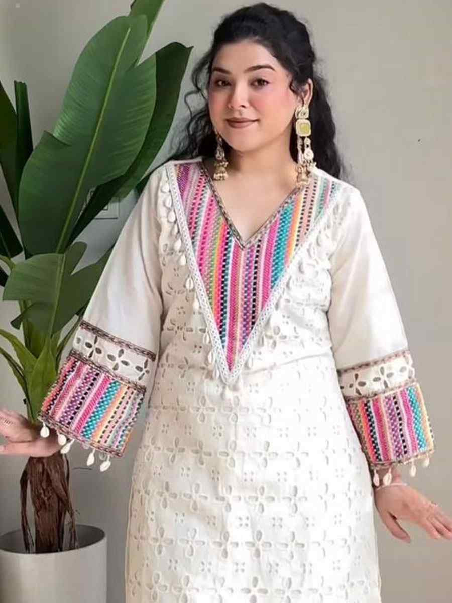 Off-White Pure Khadi Cotton Embroidered Festival Casual Kurti Bottom Women Wear