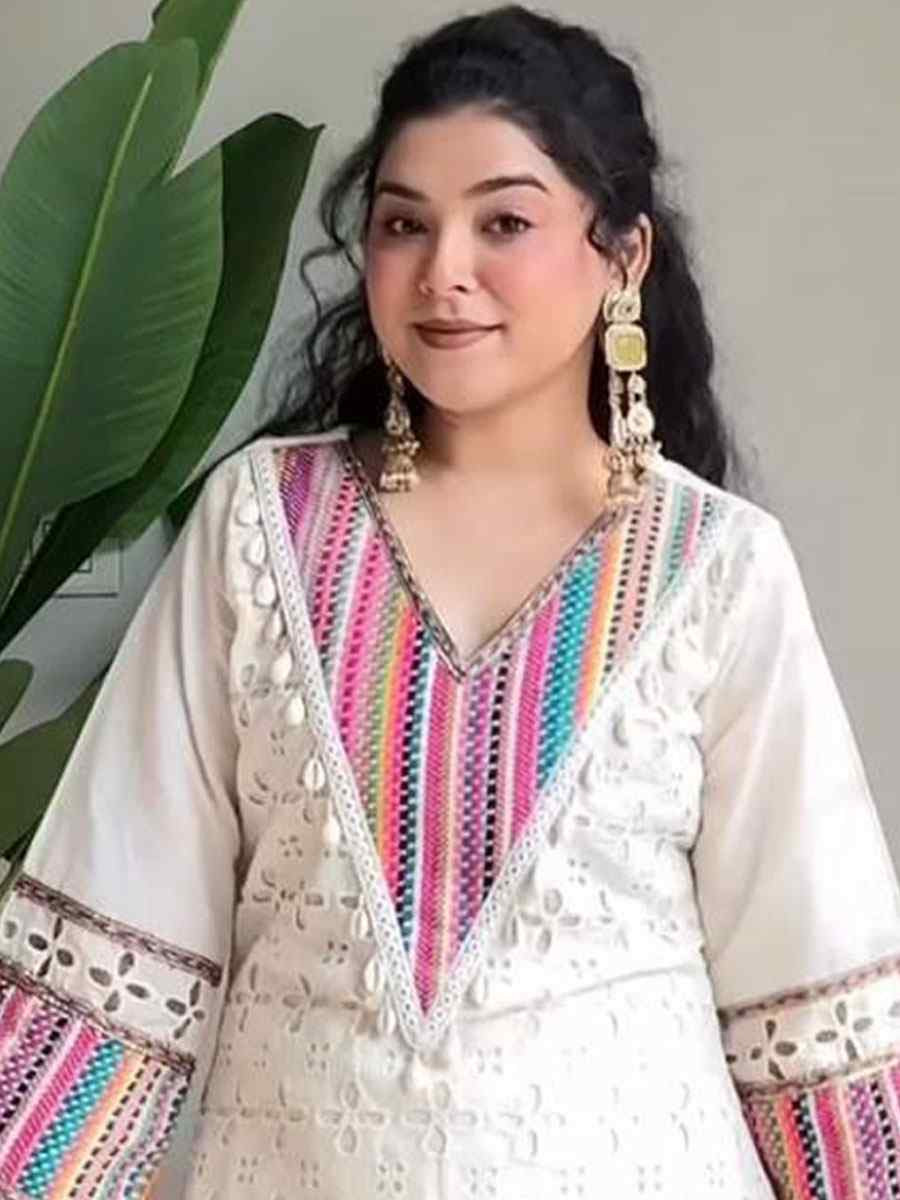 Off-White Pure Khadi Cotton Embroidered Festival Casual Kurti Bottom Women Wear