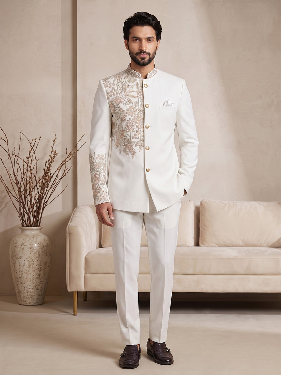 Off white Pure Lachka Embroidery Wedding Party Festival Casual Groom Ready jodhpuri suit