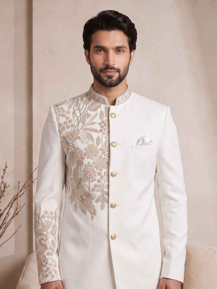 Off white Pure Lachka Embroidery Wedding Party Festival Casual Groom Ready jodhpuri suit