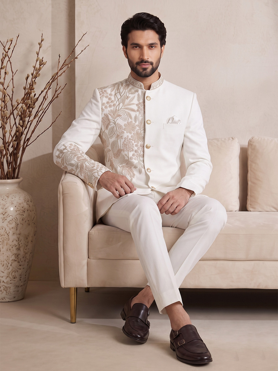 Off white Pure Lachka Embroidery Wedding Party Festival Casual Groom Ready jodhpuri suit