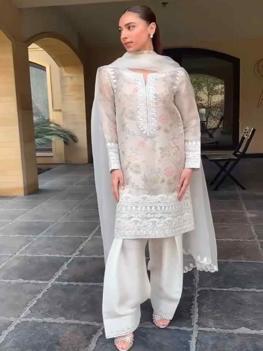 Off-White Pure Organza Silk Embroidered Festival Casual Ready Pakistani Salwar Kameez