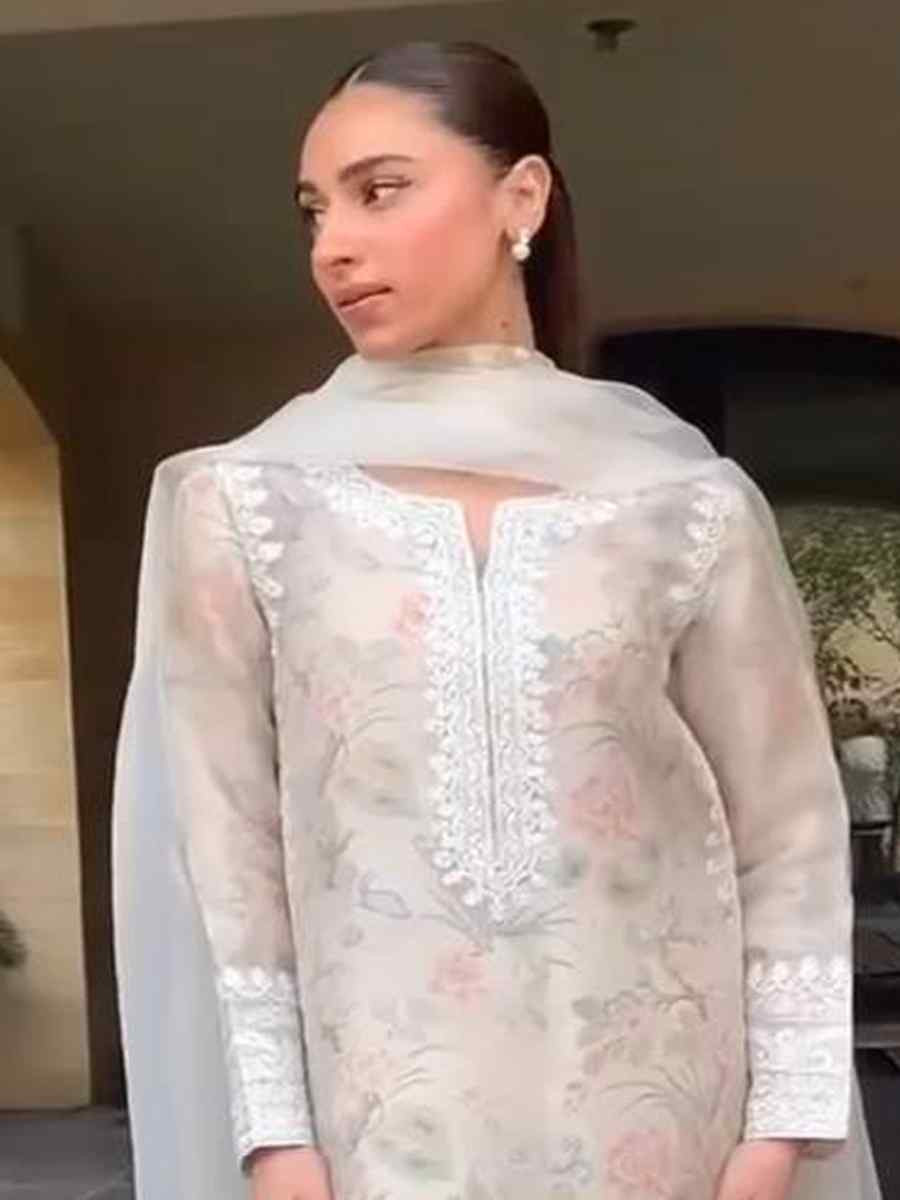 Off-White Pure Organza Silk Embroidered Festival Casual Ready Pakistani Salwar Kameez