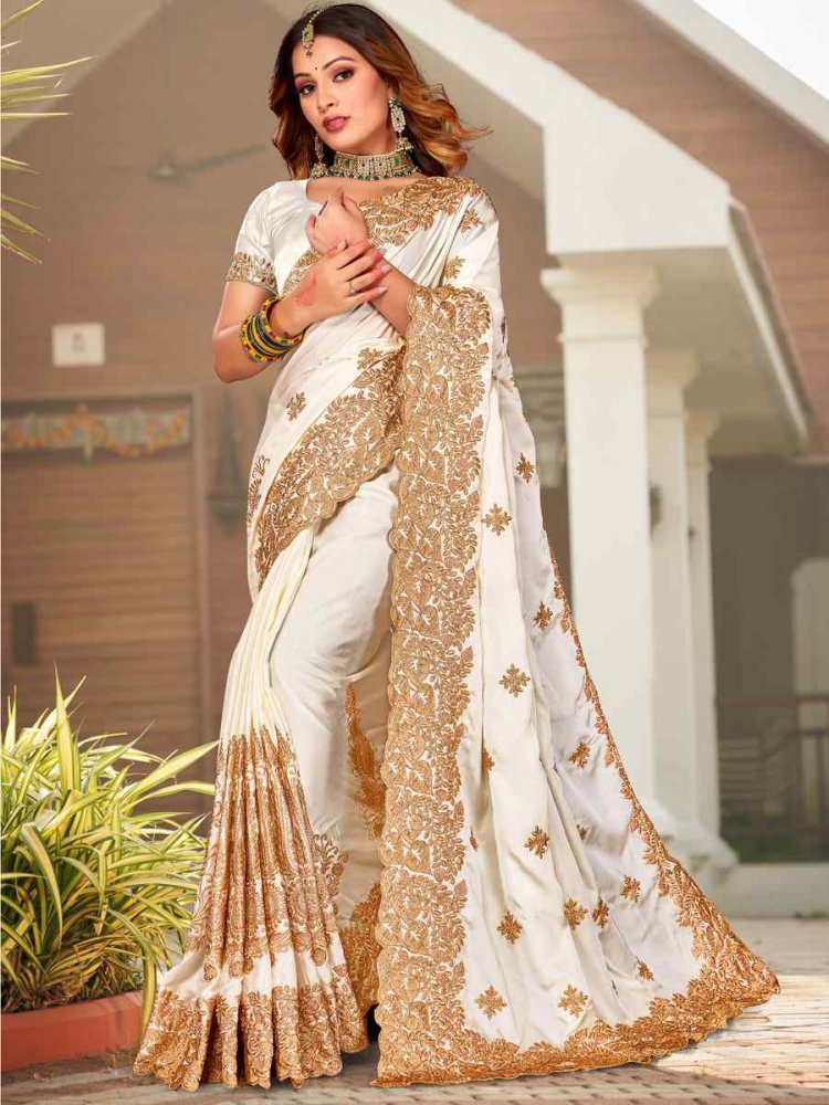 Off White Pure Satin Embroidered Wedding Festival Heavy Border Saree