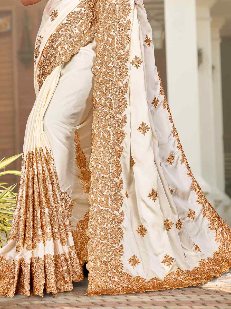 Off White Pure Satin Embroidered Wedding Festival Heavy Border Saree