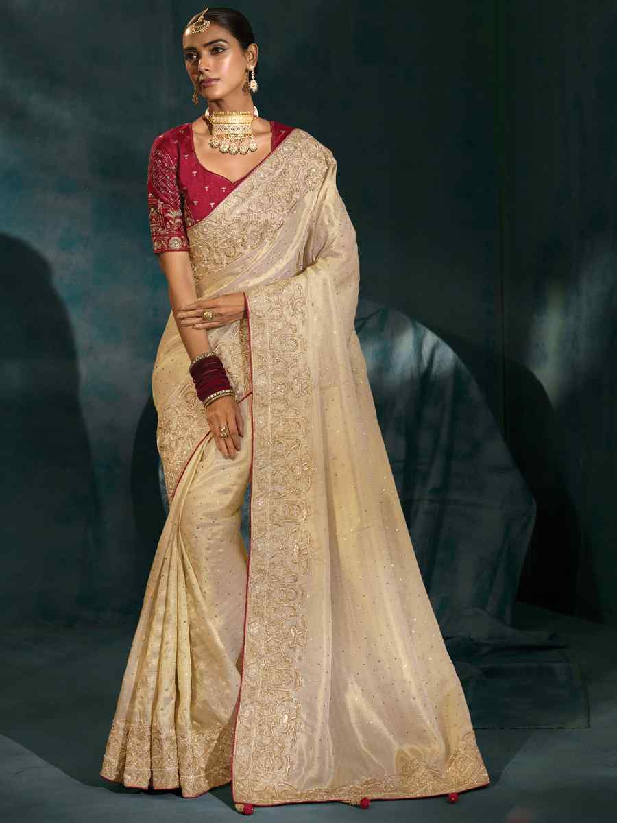 Off-White Pure Ziraf Silk Embroidery Bridal Reception Festival Wedding Fancy Heavy Border Saree