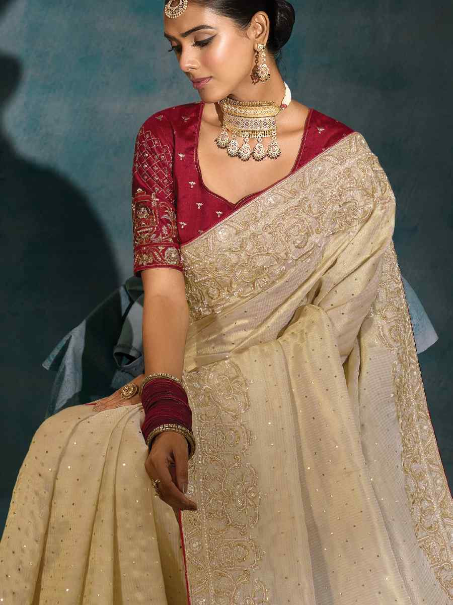 Off-White Pure Ziraf Silk Embroidery Bridal Reception Festival Wedding Fancy Heavy Border Saree