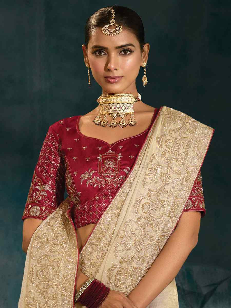 Off-White Pure Ziraf Silk Embroidery Bridal Reception Festival Wedding Fancy Heavy Border Saree