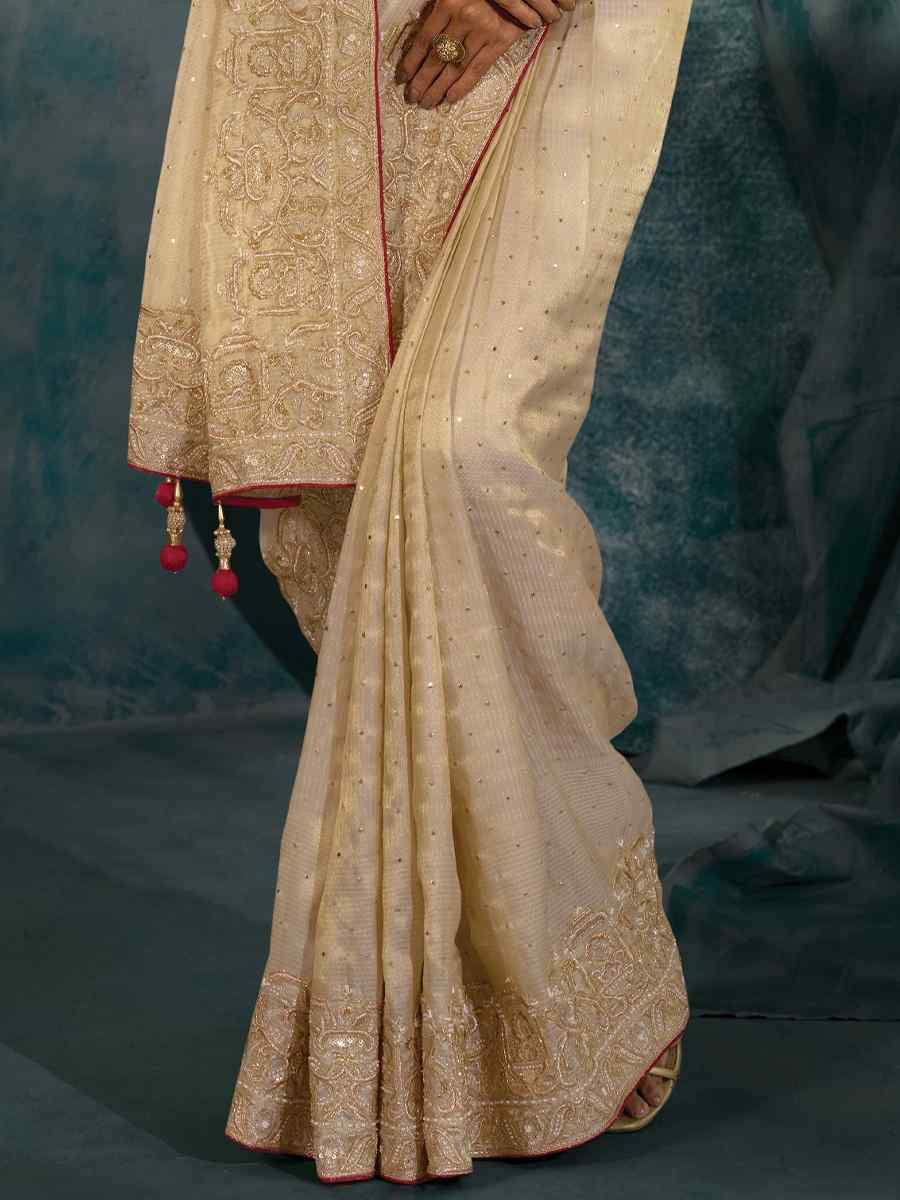 Off-White Pure Ziraf Silk Embroidery Bridal Reception Festival Wedding Fancy Heavy Border Saree