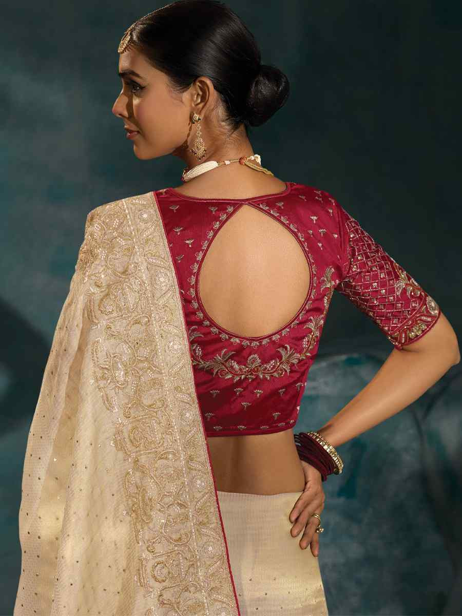 Off-White Pure Ziraf Silk Embroidery Bridal Reception Festival Wedding Fancy Heavy Border Saree