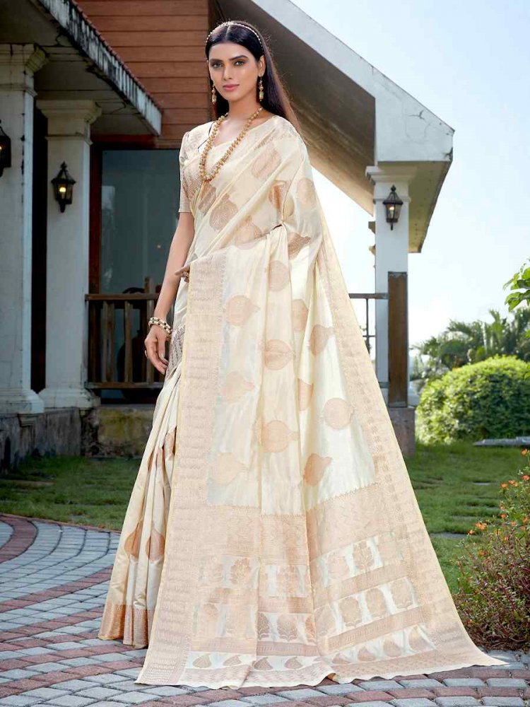 Off White Raw Silk Handwoven Party Festival Heavy Border Saree