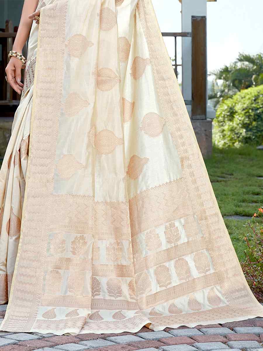 Off White Raw Silk Handwoven Party Festival Heavy Border Saree
