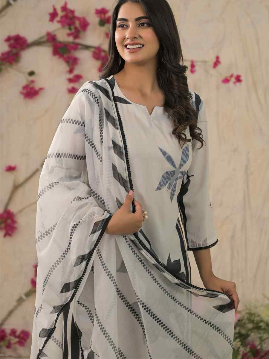 Off White Rayon Printed Festival Casual Ready Pant Salwar Kameez