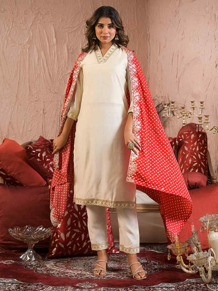 Off White Rayon Slub Embroidered Festival Casual Ready Pant Salwar Kameez