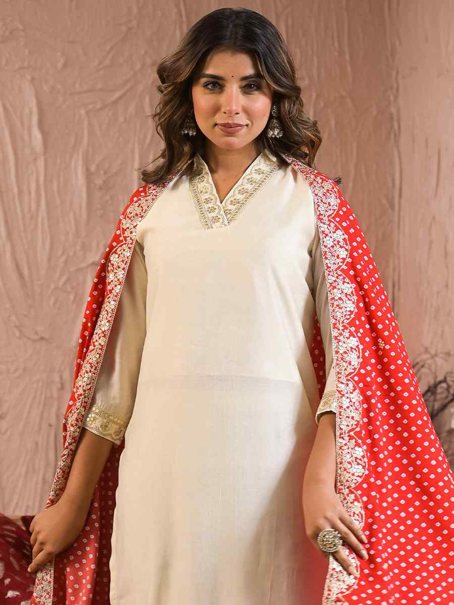 Off White Rayon Slub Embroidered Festival Casual Ready Pant Salwar Kameez