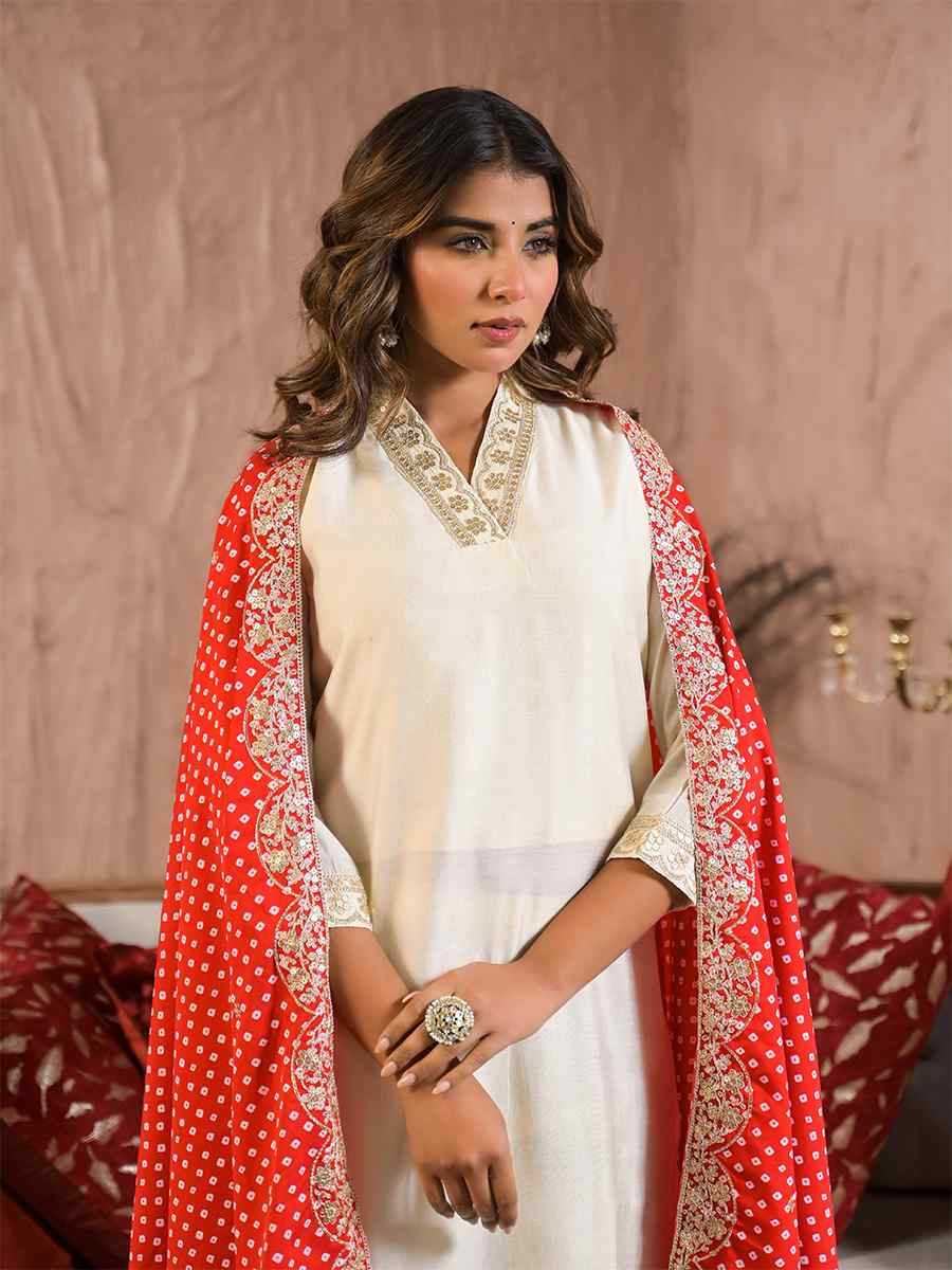 Off White Rayon Slub Embroidered Festival Casual Ready Pant Salwar Kameez