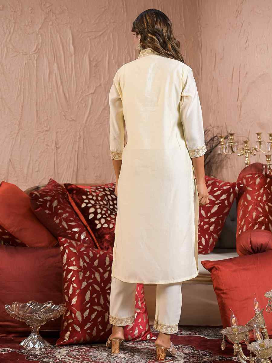 Off White Rayon Slub Embroidered Festival Casual Ready Pant Salwar Kameez