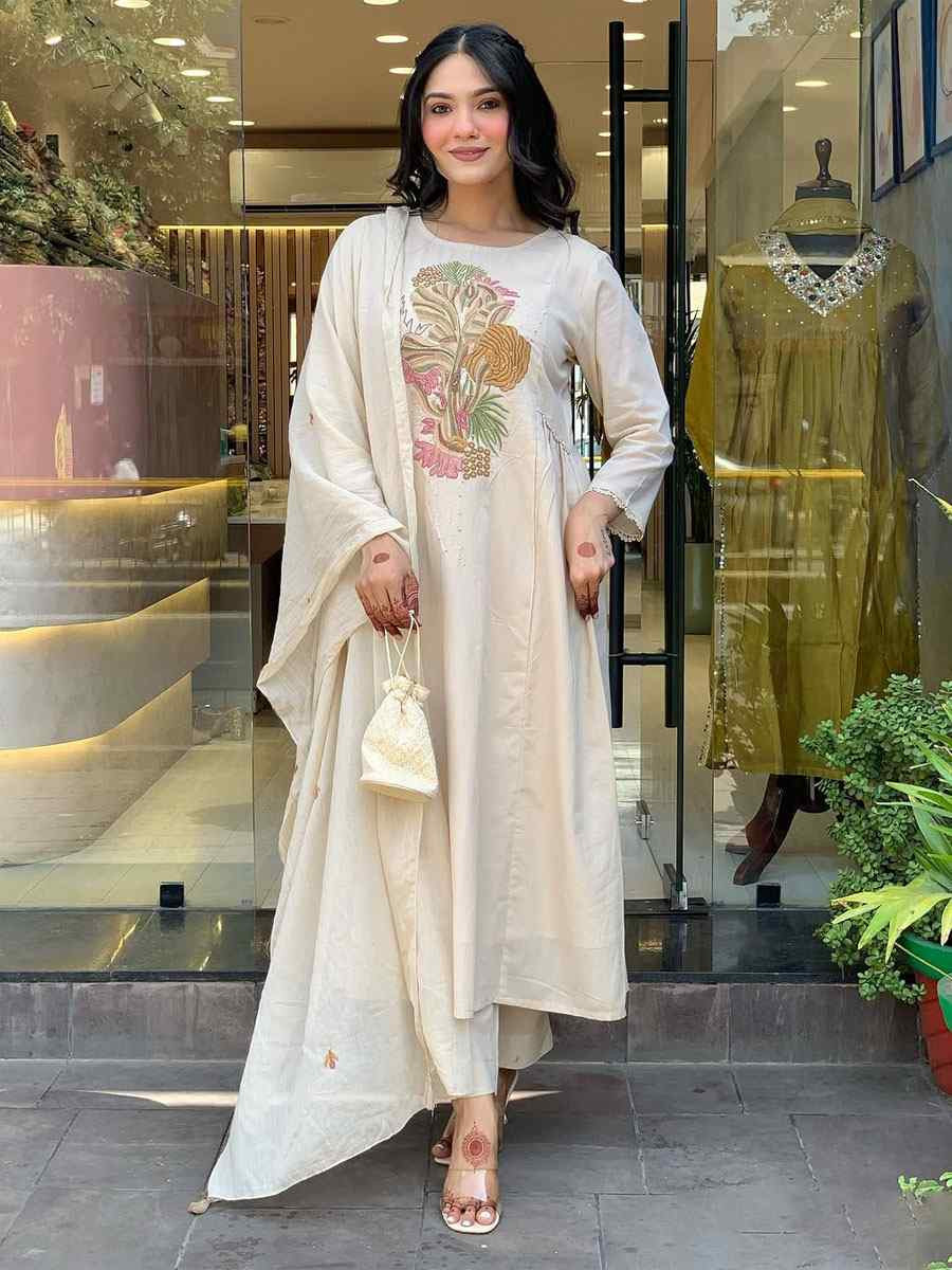 Off-White Rayon Slub Embroidered Party Wedding Ready Anarkali Pant Salwar Kameez