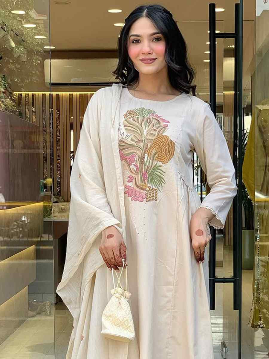 Off-White Rayon Slub Embroidered Party Wedding Ready Anarkali Pant Salwar Kameez