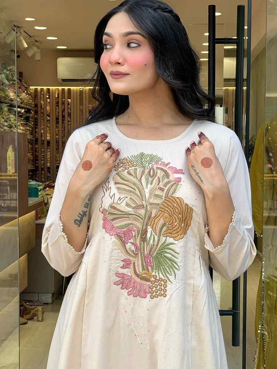 Off-White Rayon Slub Embroidered Party Wedding Ready Anarkali Pant Salwar Kameez