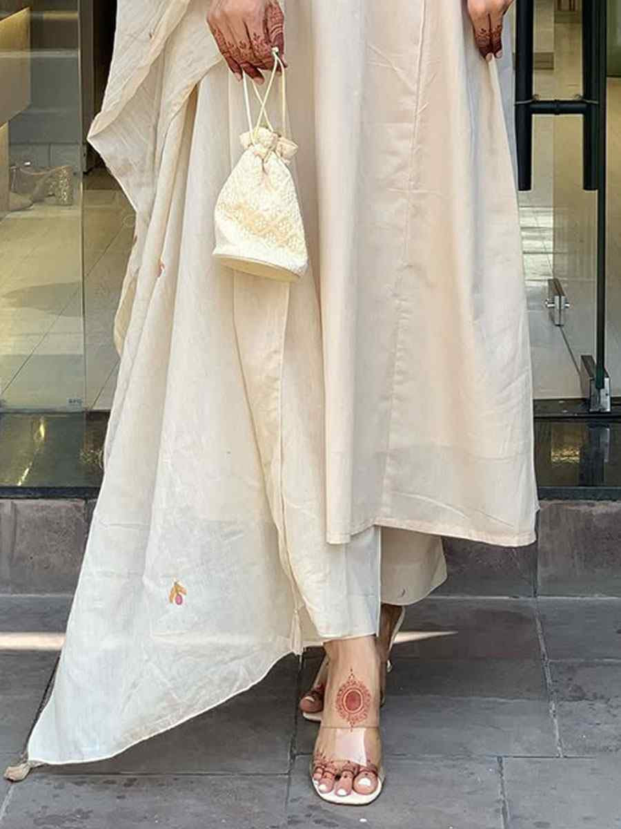 Off-White Rayon Slub Embroidered Party Wedding Ready Anarkali Pant Salwar Kameez