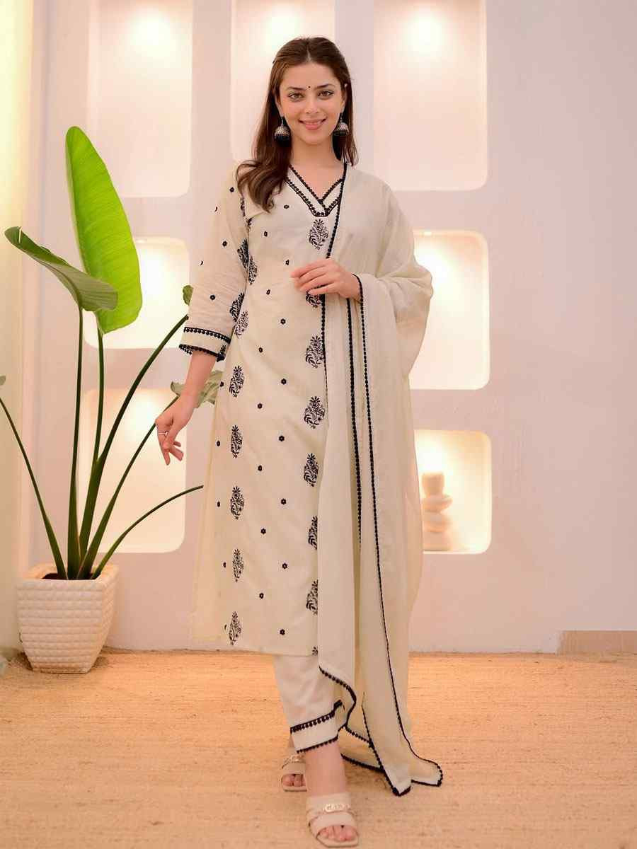 Off-White Rayon Slub Embroidered Party Wedding Ready Pant Salwar Kameez