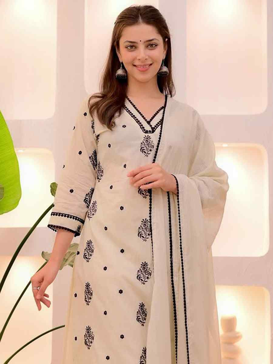 Off-White Rayon Slub Embroidered Party Wedding Ready Pant Salwar Kameez