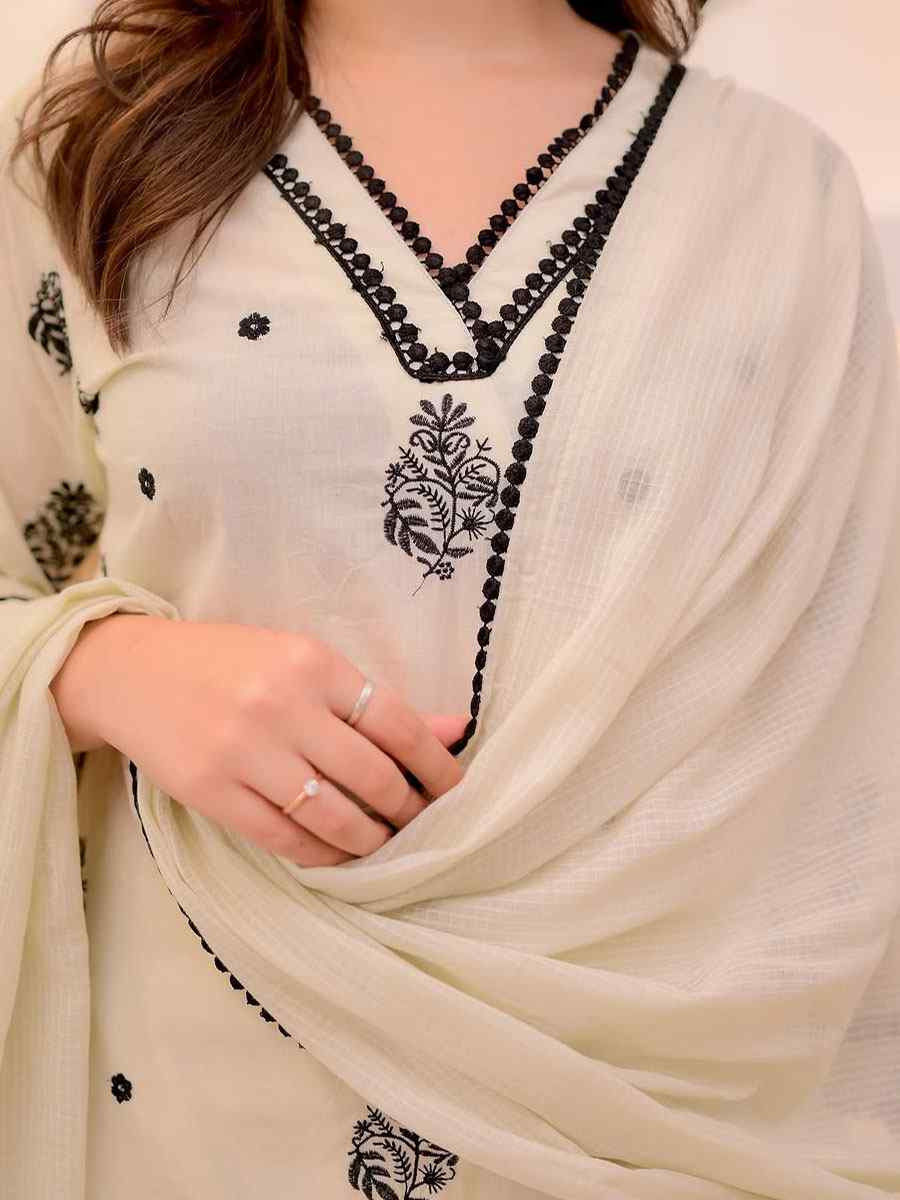 Off-White Rayon Slub Embroidered Party Wedding Ready Pant Salwar Kameez