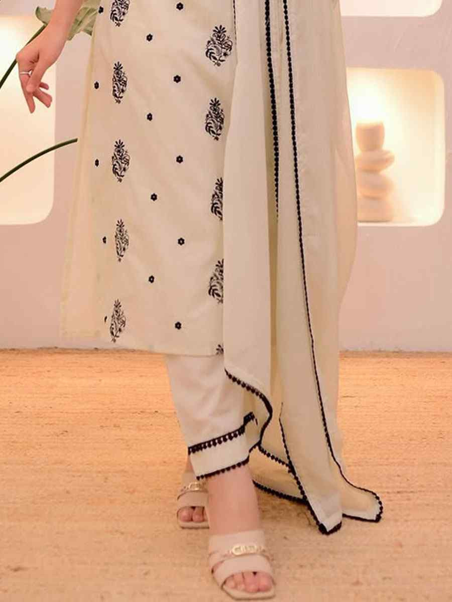 Off-White Rayon Slub Embroidered Party Wedding Ready Pant Salwar Kameez