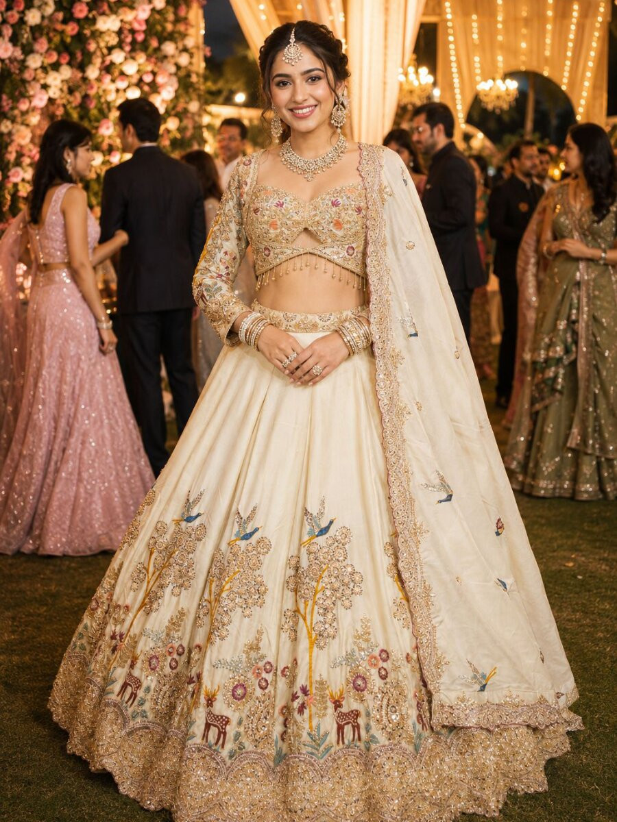 Off White Real Premium Satin Beads Work Wedding Reception Party Festival Heavy Border Lehenga Choli