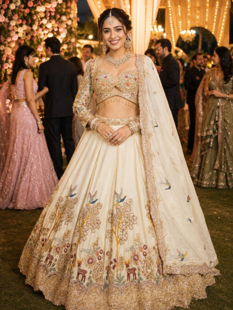 Image of Off White Real Premium Satin Beads Work Wedding Reception Party Festival Heavy Border Lehenga Choli