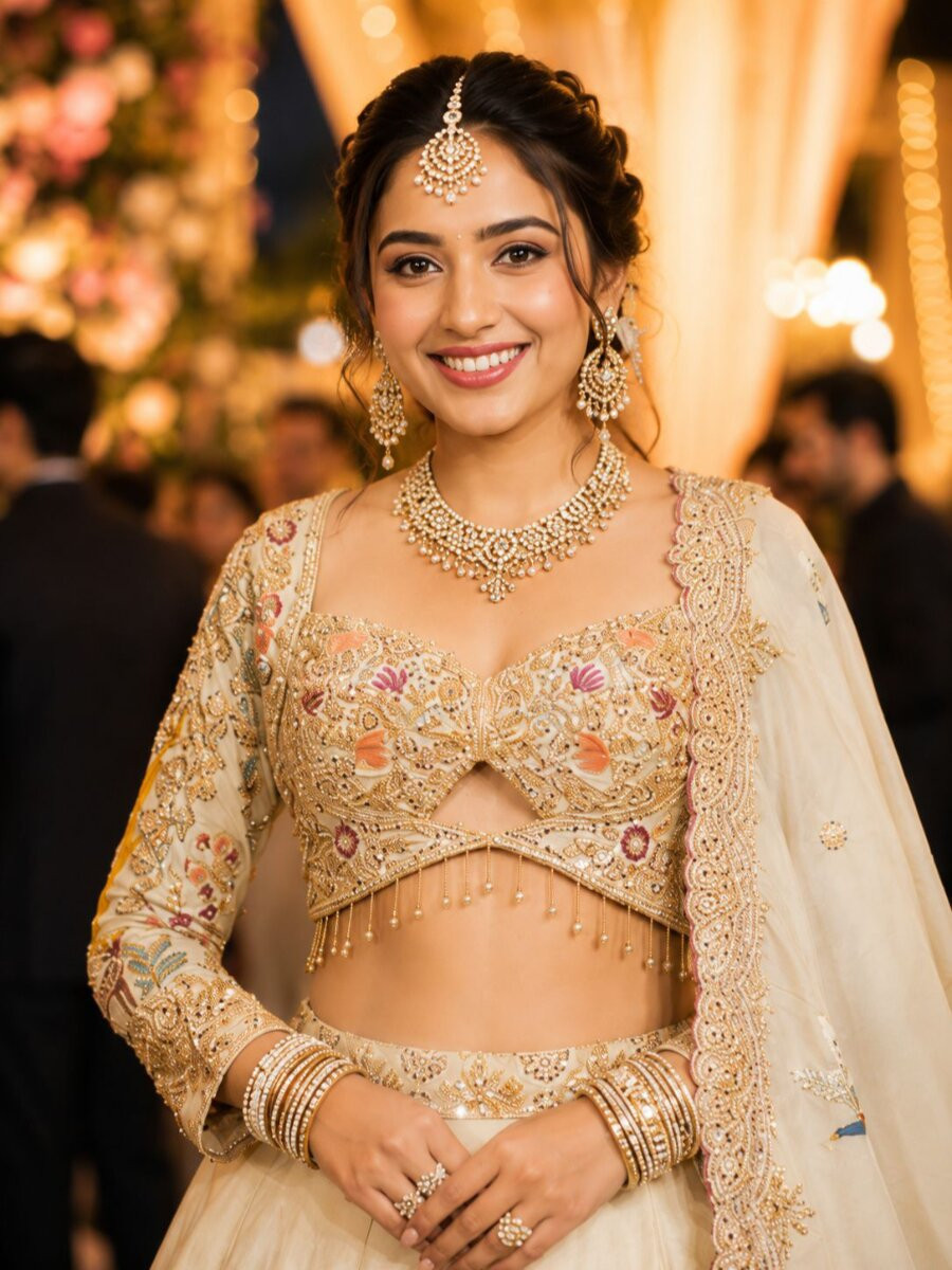 Off White Real Premium Satin Beads Work Wedding Reception Party Festival Heavy Border Lehenga Choli