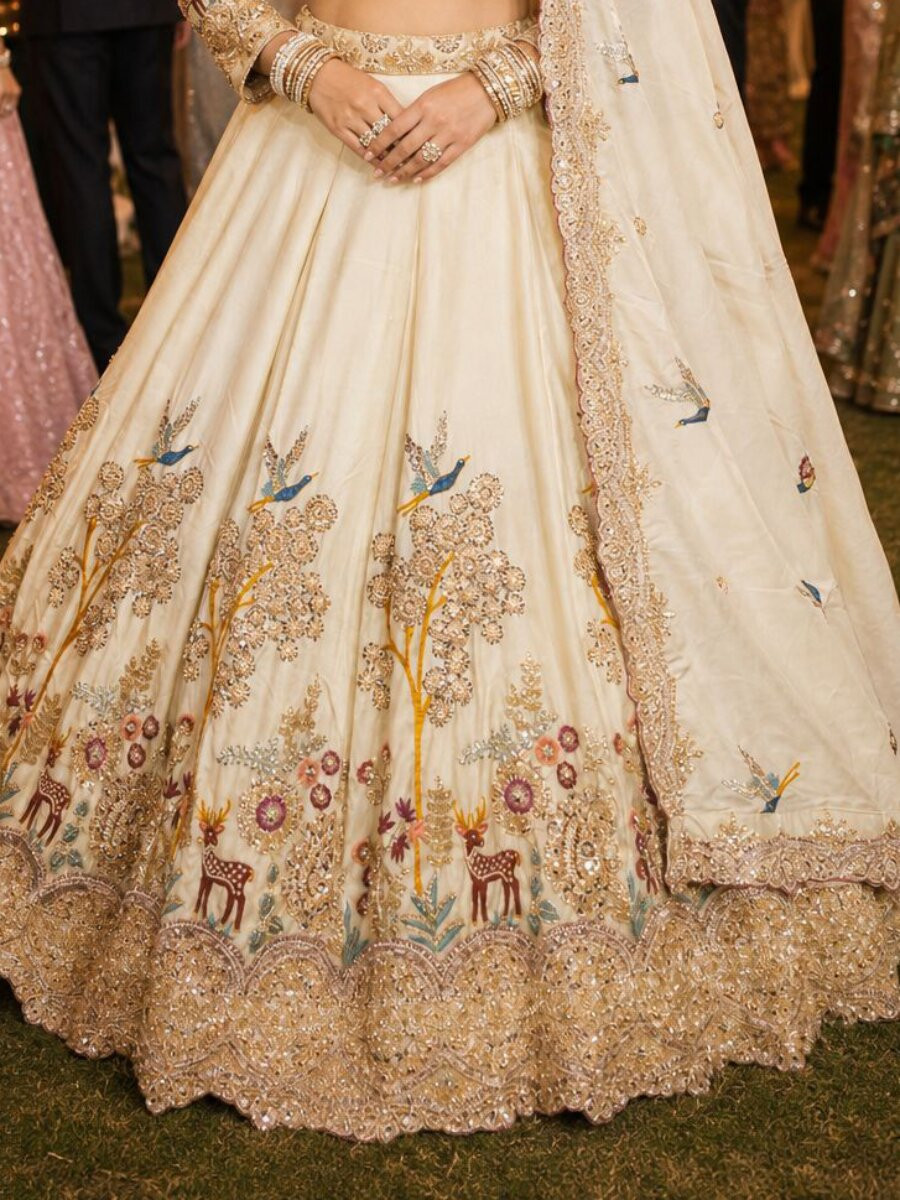 Off White Real Premium Satin Beads Work Wedding Reception Party Festival Heavy Border Lehenga Choli
