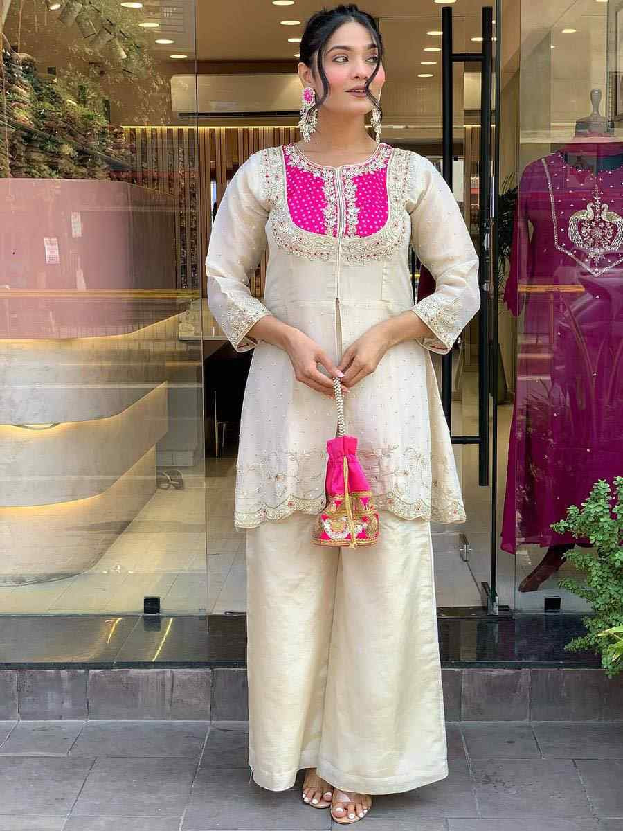 Off-White Roman Shimmer Silk Embroidered Festival Casual Kurti