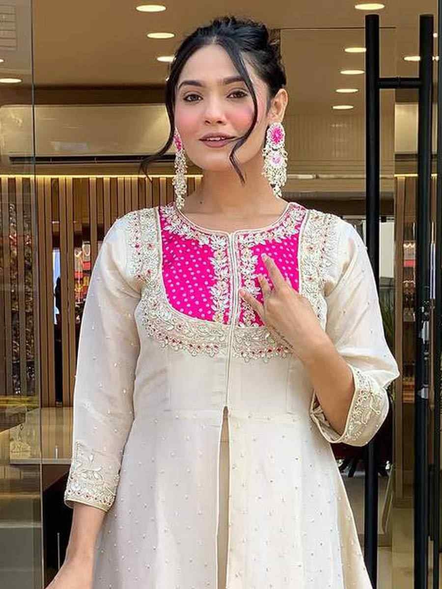 Off-White Roman Shimmer Silk Embroidered Festival Casual Kurti