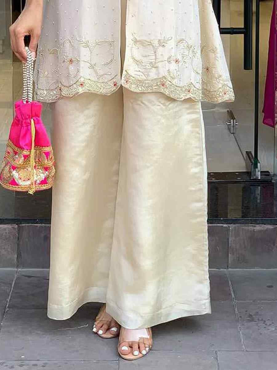 Off-White Roman Shimmer Silk Embroidered Festival Casual Kurti