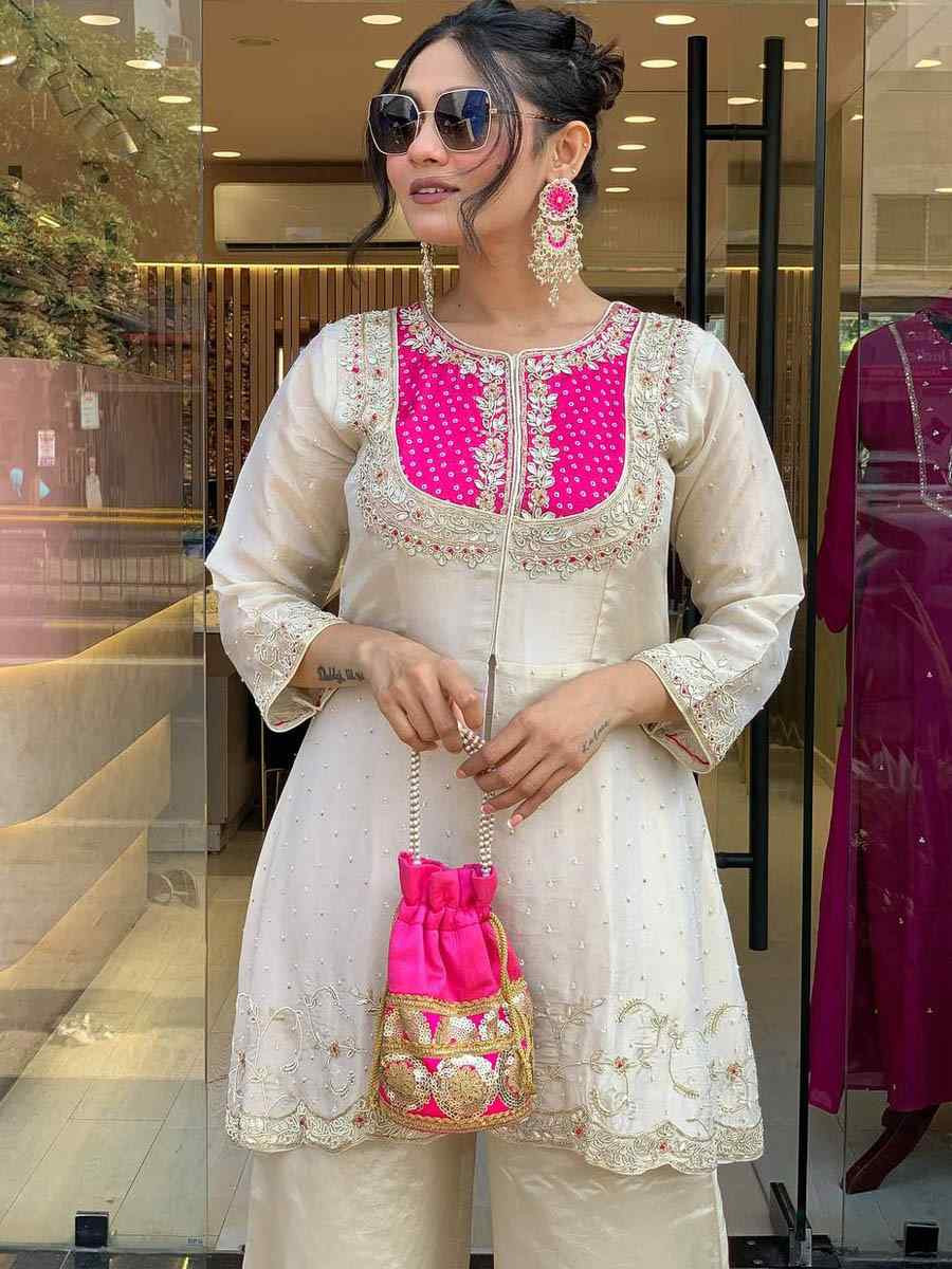 Off-White Roman Shimmer Silk Embroidered Festival Casual Kurti