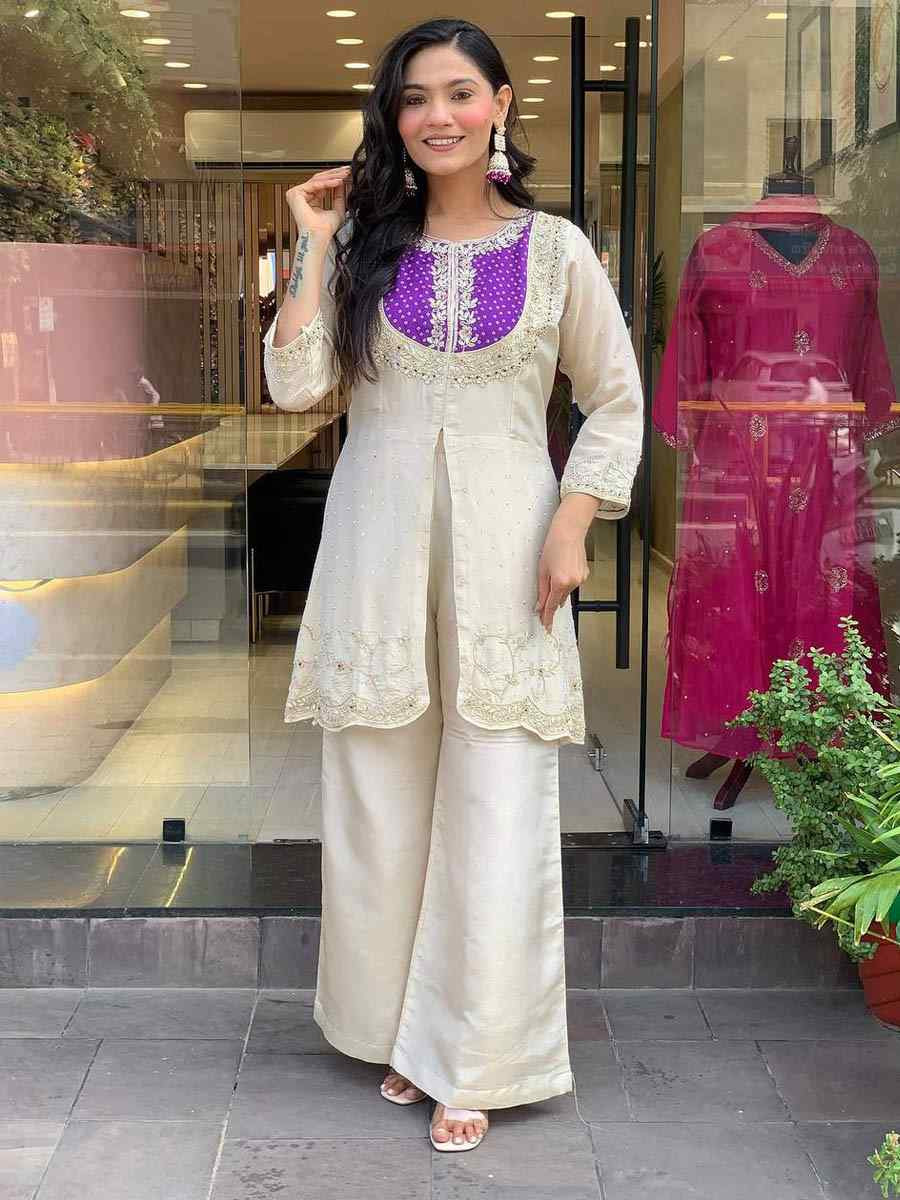 Off-White Roman Shimmer Silk Embroidered Festival Casual Kurti
