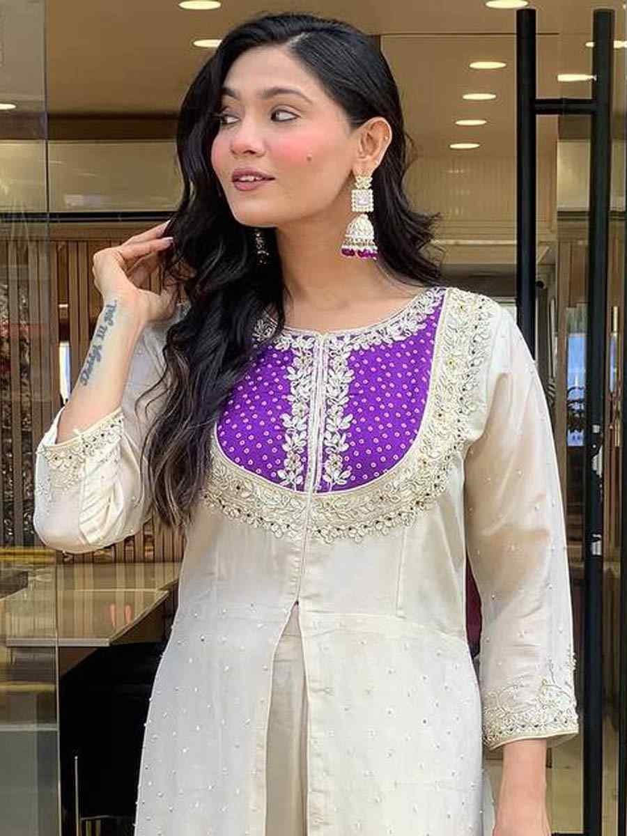 Off-White Roman Shimmer Silk Embroidered Festival Casual Kurti