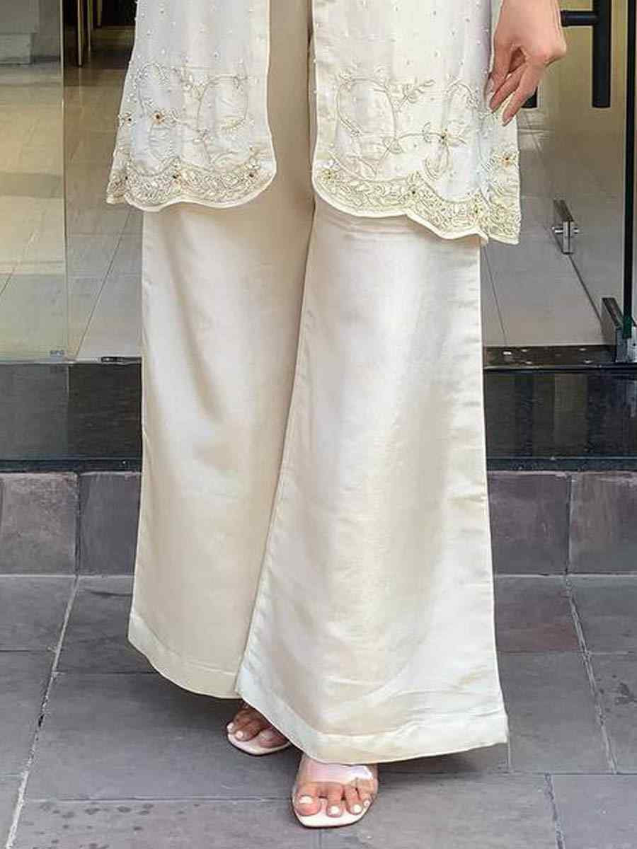 Off-White Roman Shimmer Silk Embroidered Festival Casual Kurti