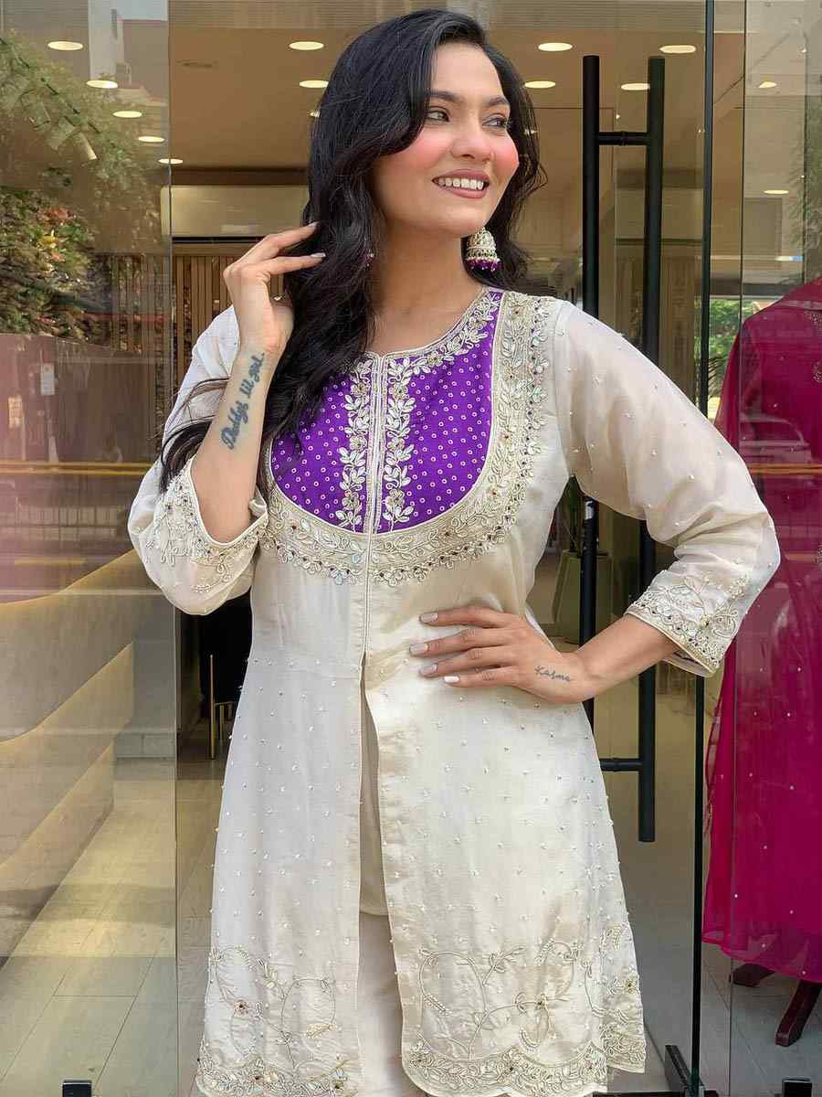 Off-White Roman Shimmer Silk Embroidered Festival Casual Kurti