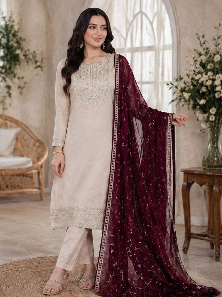 Off White Roman Silk Embroidery Sequins Wedding Party Festival Casual Ready Palazzo Pant Salwar Kameez