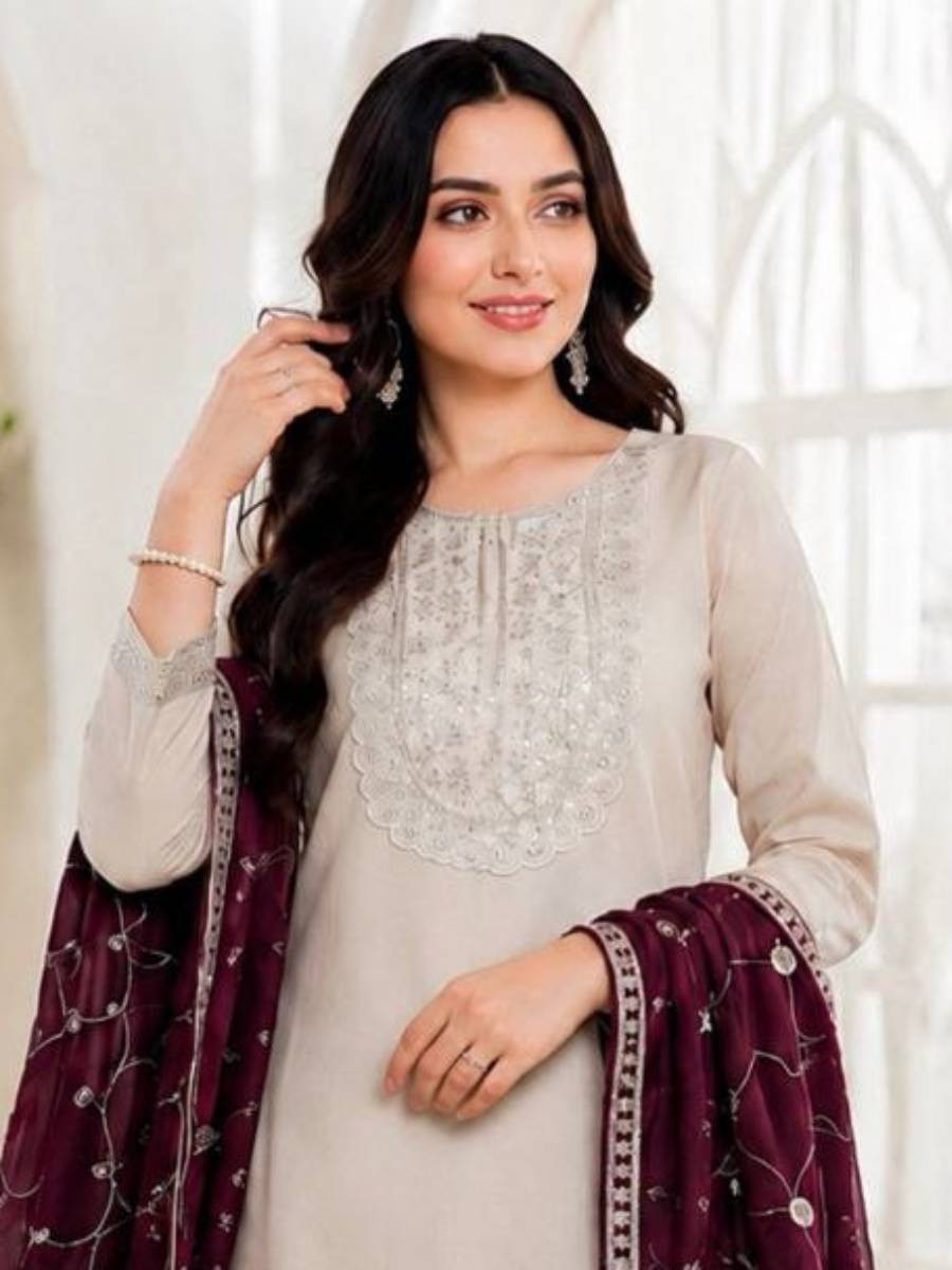 Off White Roman Silk Embroidery Sequins Wedding Party Festival Casual Ready Palazzo Pant Salwar Kameez