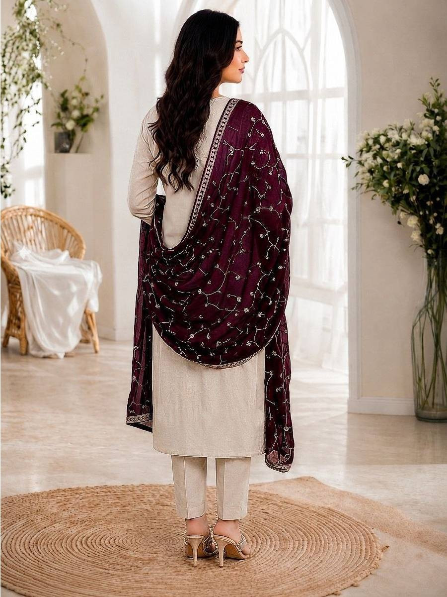 Off White Roman Silk Embroidery Sequins Wedding Party Festival Casual Ready Palazzo Pant Salwar Kameez