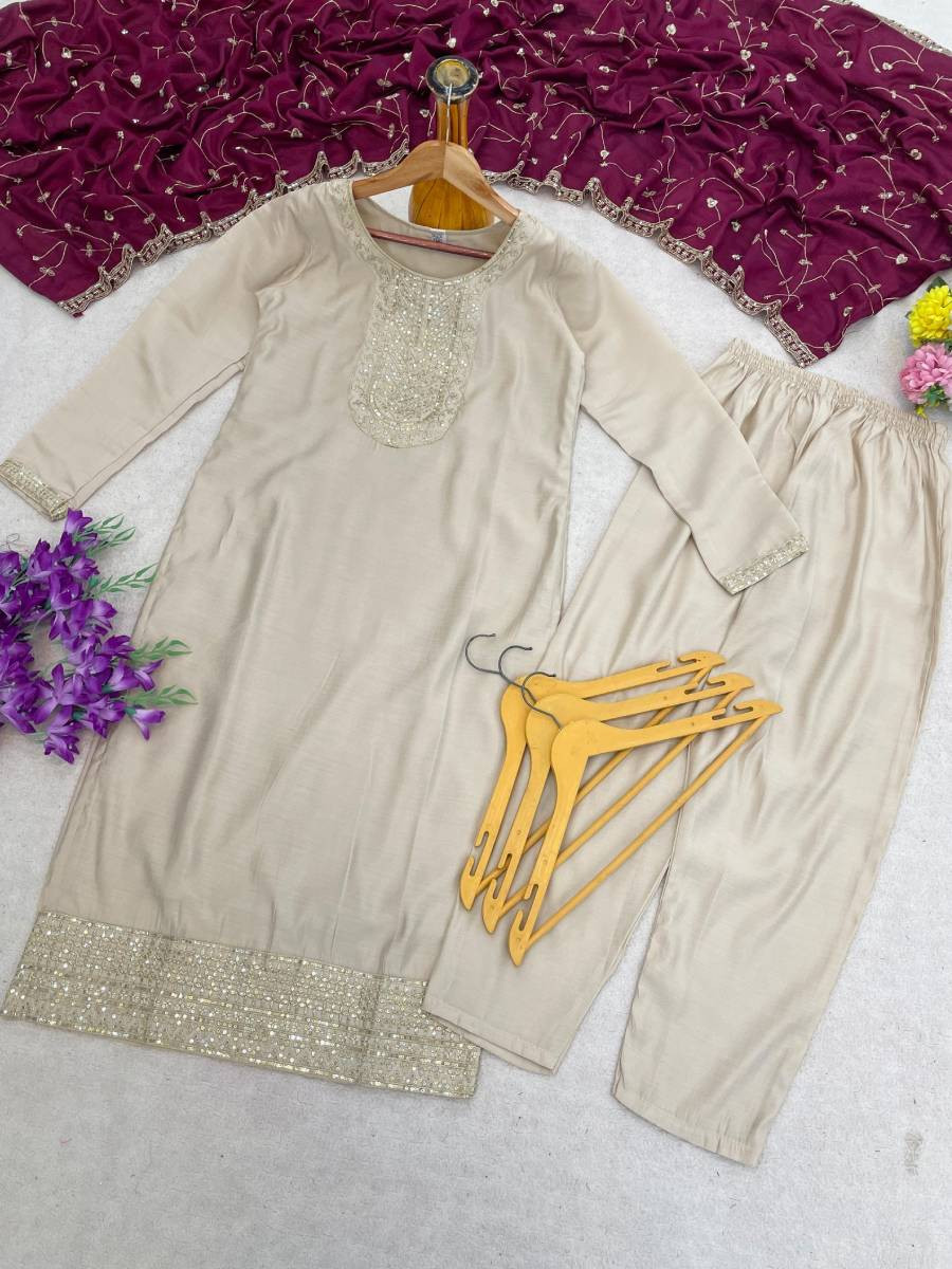 Off White Roman Silk Embroidery Sequins Wedding Party Festival Casual Ready Palazzo Pant Salwar Kameez