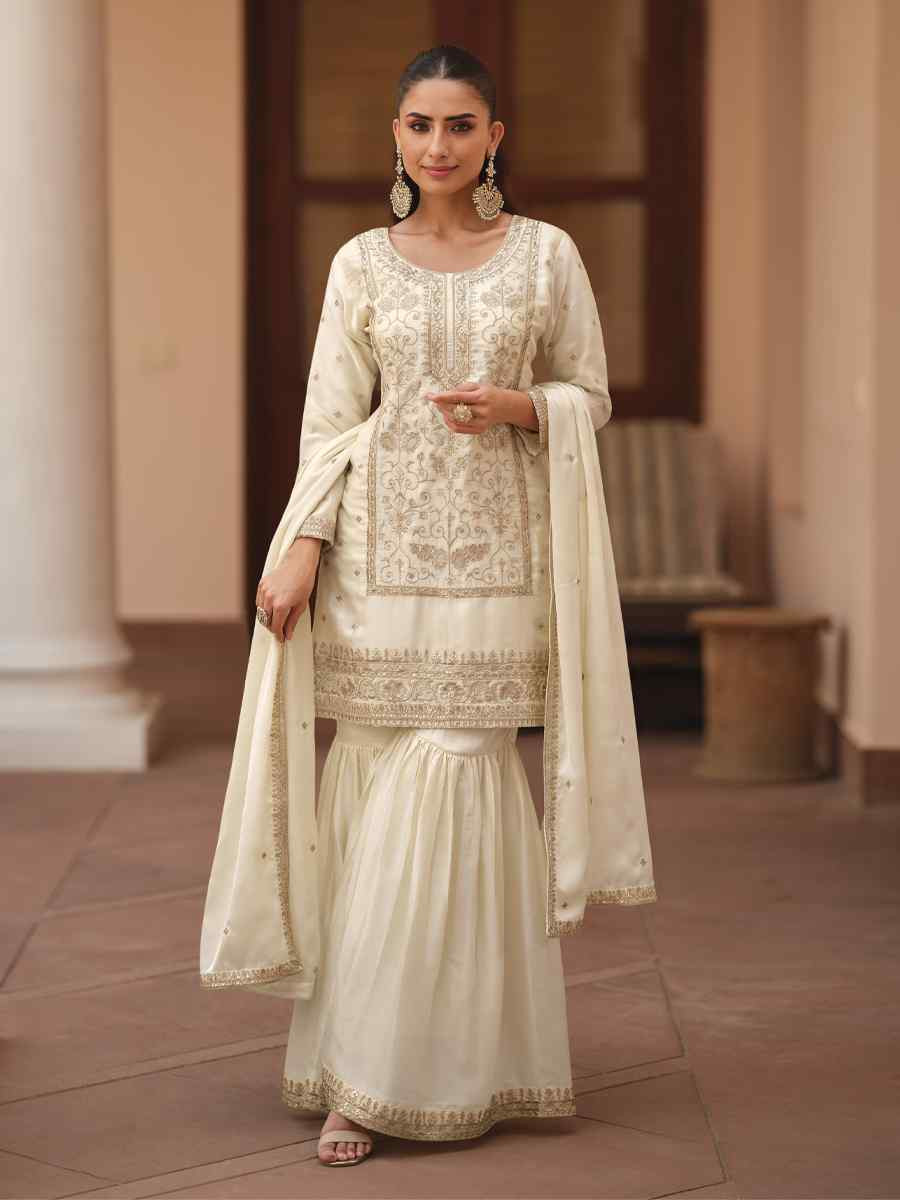 Off-White Satin Silk Embroidered Party Wedding Ready Sharara Pant Salwar Kameez