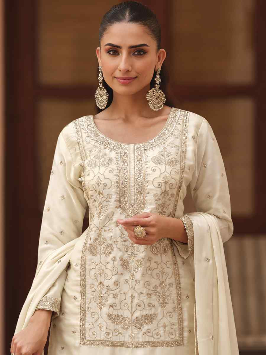 Off-White Satin Silk Embroidered Party Wedding Ready Sharara Pant Salwar Kameez