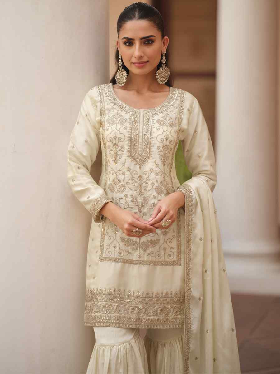 Off-White Satin Silk Embroidered Party Wedding Ready Sharara Pant Salwar Kameez